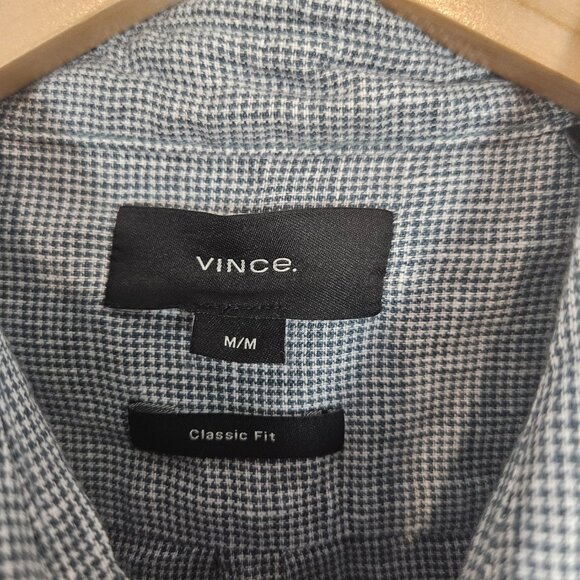 Vince Button Down Shirt Medium Houndstooth 100% Linen Long Sleeve Classic Fit - Picture 3 of 8